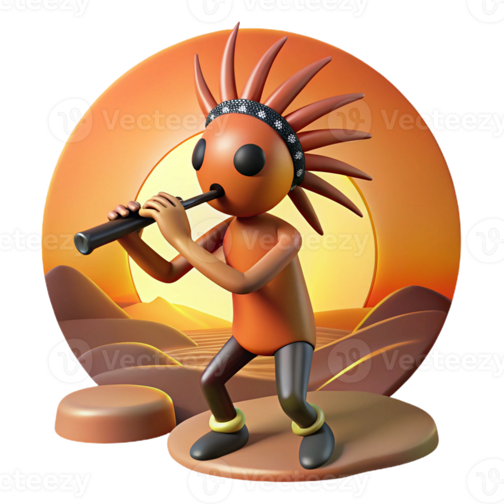 elegant classic A mischievous Kokopelli playing his flute, desert sunset lighting, Native American art style exclusive png