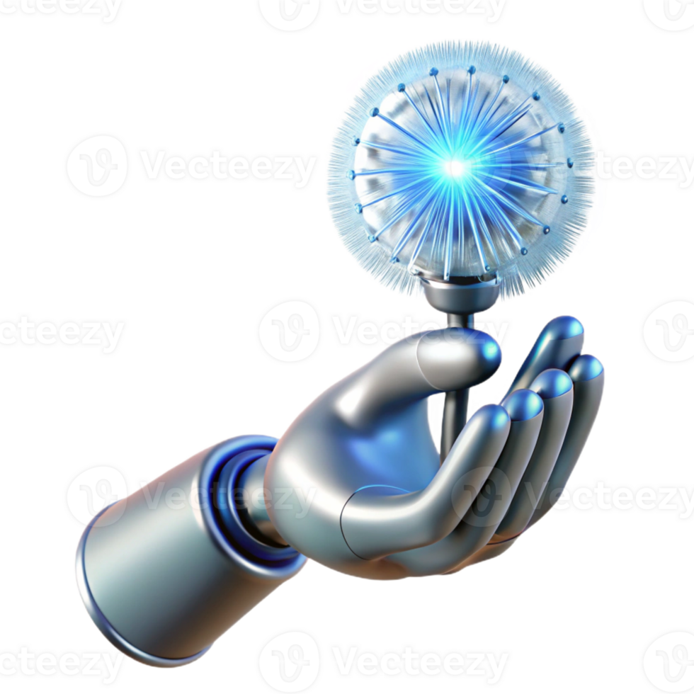 impressive creative A gleaming chrome robotic hand delicately holding a single dandelion seed, illuminated by a soft, ethereal blue light, in a highly detailed, photorealistic style high quality png