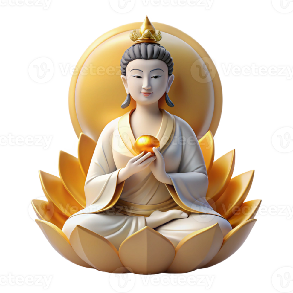 wonderful artistic A serene Buddhist Guanyin, the bodhisattva of compassion, meditating on a lotus flower, surrounded by a halo of golden light, traditional Chinese painting style high quality png