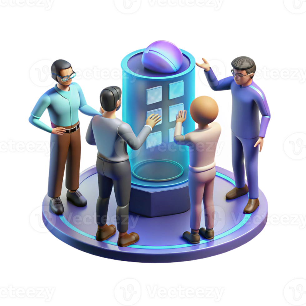 impressive classic A group of people interacting with a large, holographic display, collaborative, futuristic style premium png