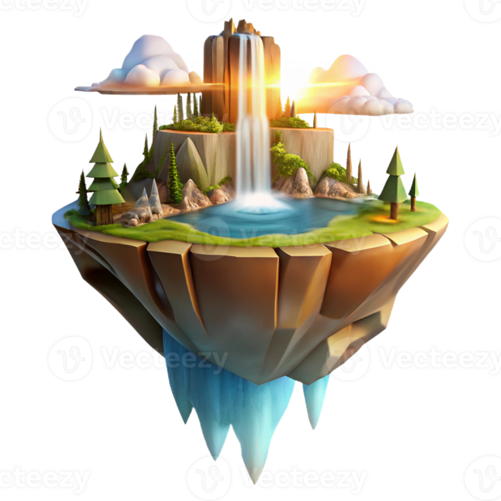 impressive abstract Floating island city, waterfalls cascading down, golden hour lighting, majestic and awe-inspiring, concept art style, original png