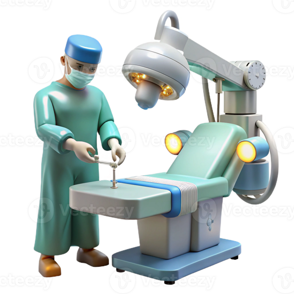 elegant rustic A robotic surgeon performing a delicate operation, illuminated by the sterile light of an operating room, photorealistic style professional png