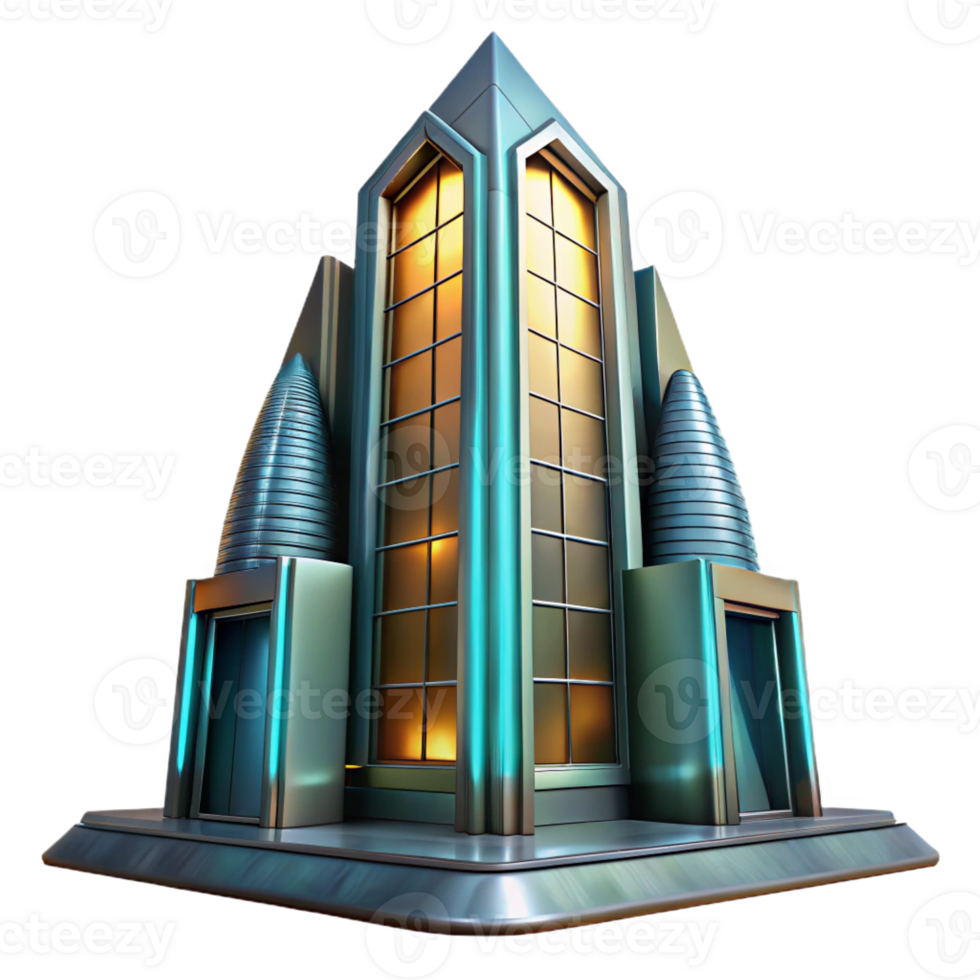 stunning traditional A futuristic building, with a sleek, metallic exterior and glowing windows, rises into the sky, daylight lighting, architectural style authentic png