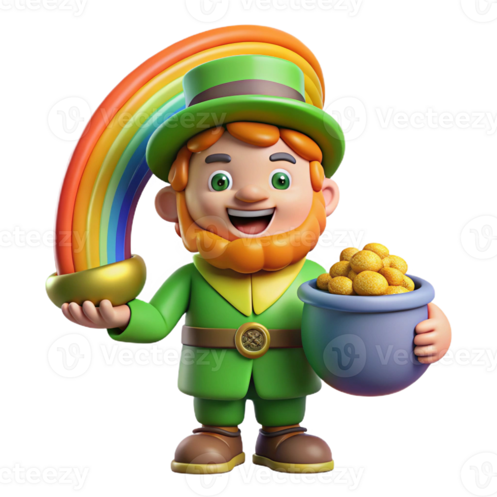 beautiful abstract A mischievous Leprechaun hiding a pot of gold at the end of a rainbow, bright and cheerful lighting, cartoon style premium png