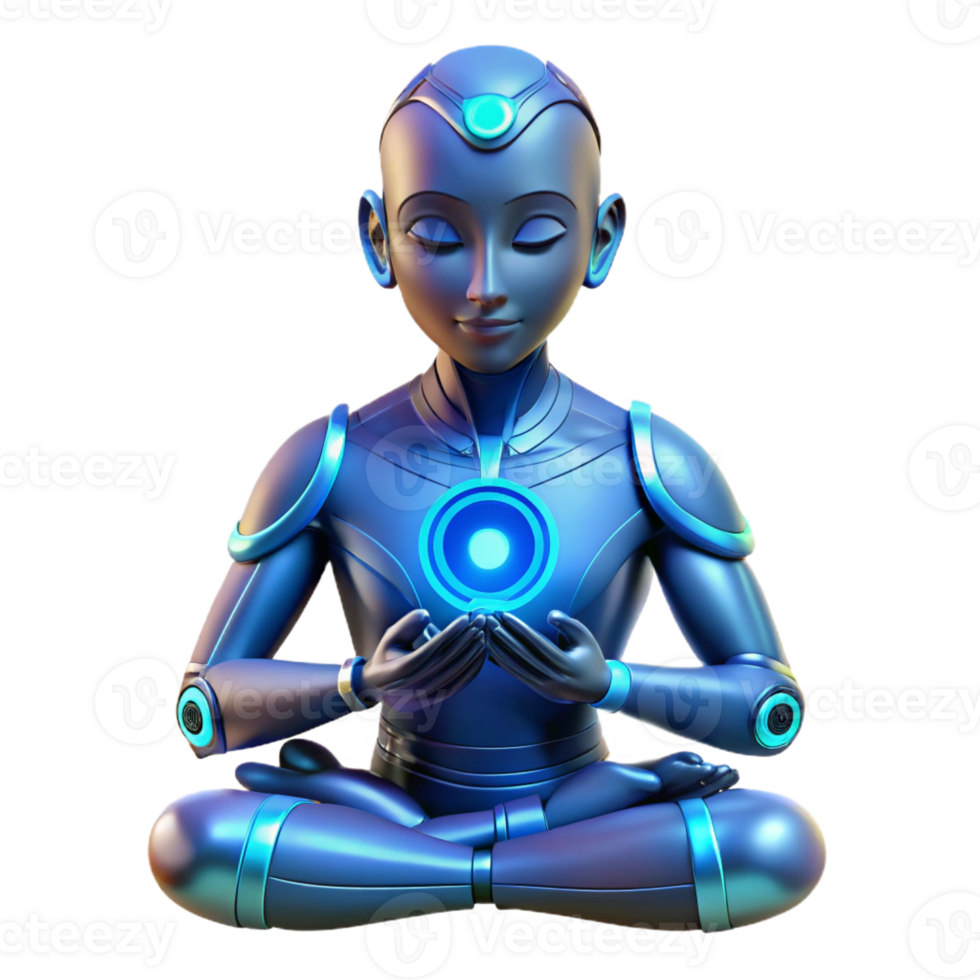 stunning minimalist A cyborg with glowing blue skin and intricate tattoos meditates in a futuristic temple, soft lighting, spiritual style high resolution png