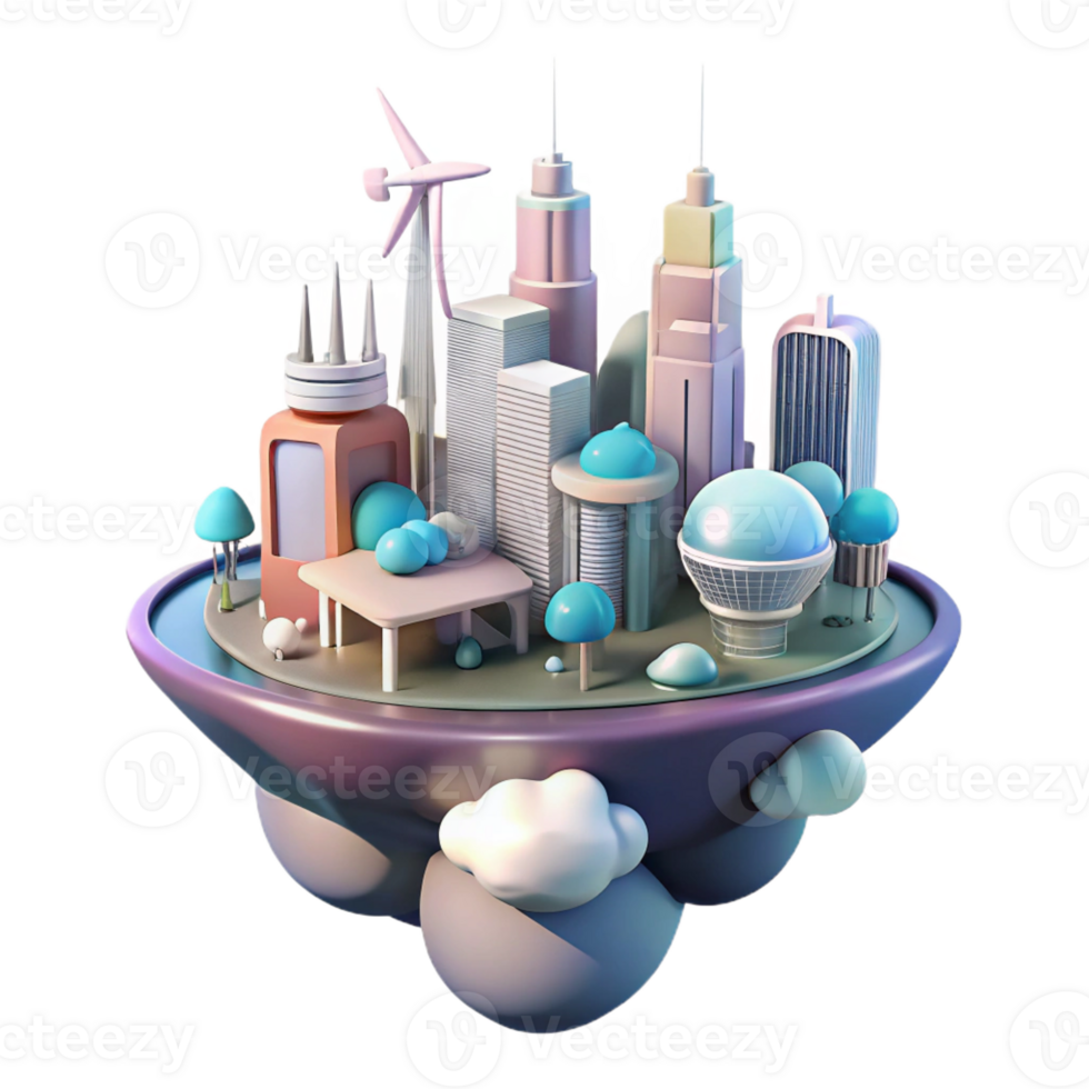 beautiful modern A futuristic city floating among the clouds, powered by wind turbines and solar panels, soft, pastel lighting, utopian style high resolution png