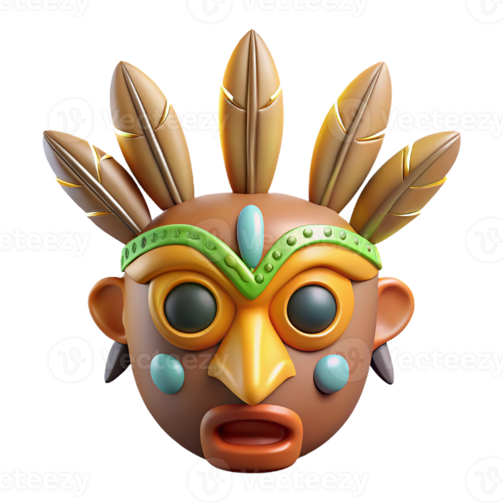 dramatic modern A single, stylized tribal mask with feathers and beads high quality png