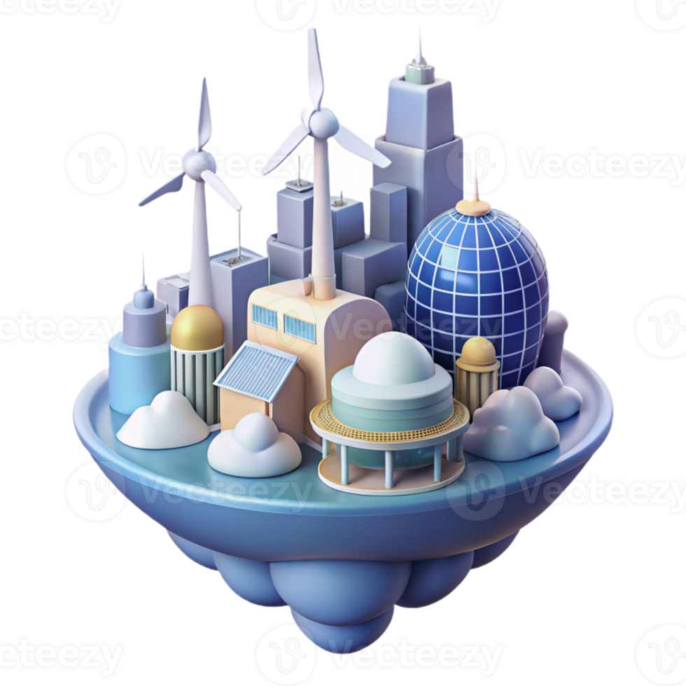 impressive contemporary A futuristic city floating among the clouds, powered by wind turbines and solar panels, soft, pastel lighting, utopian style authentic png