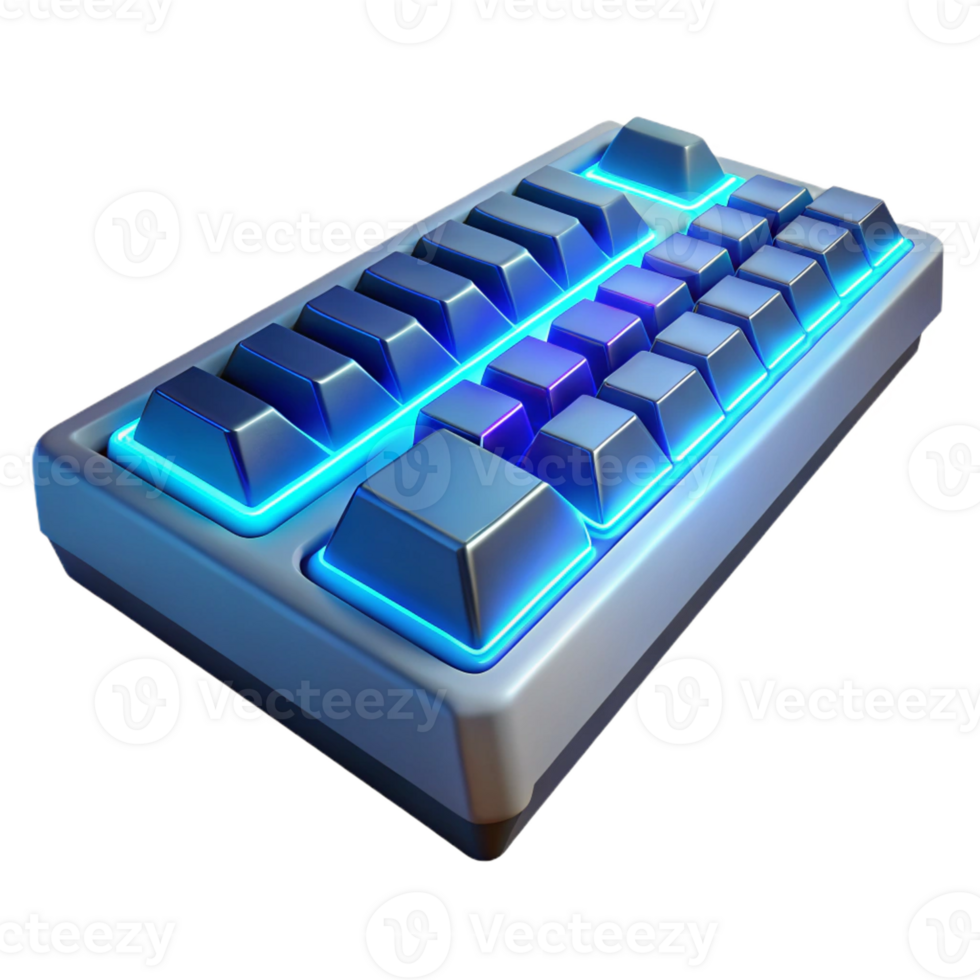magnificent artistic A futuristic keyboard with glowing keys and holographic projections, illuminated by soft blue light, gaming style genuine png