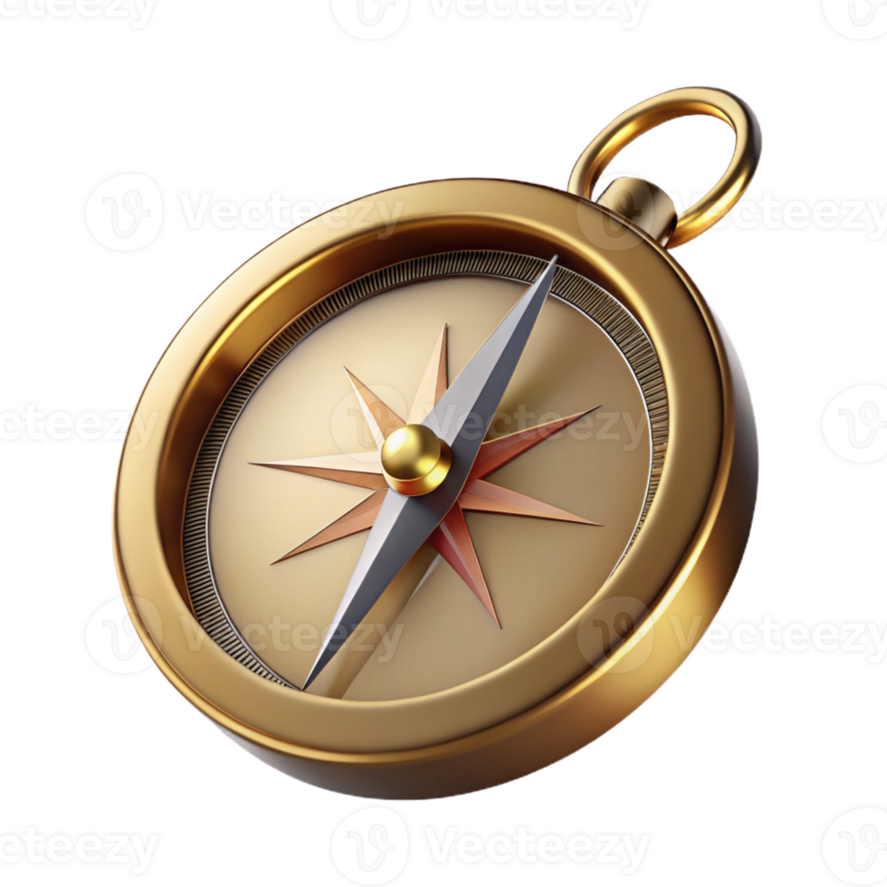 serene modern A compass, pointing north, brass, 4K png