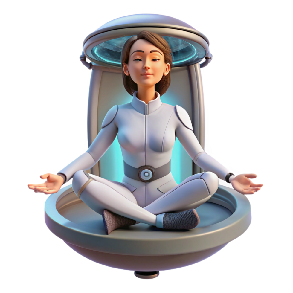 elegant rustic A young woman with cybernetic implants meditates in a zero-gravity chamber, soft lighting, ethereal style genuine png