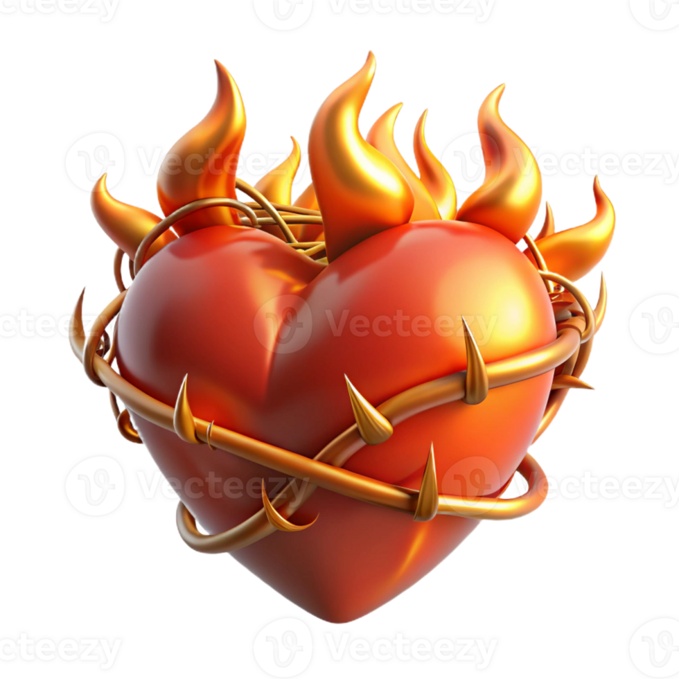 serene modern A stylized heart, glowing embers, thorny vines wrapped around it original png