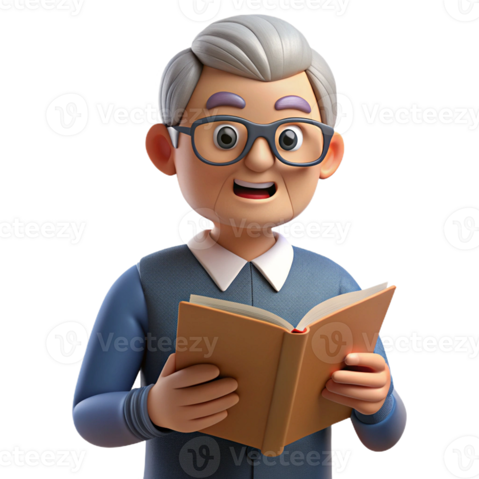 wonderful traditional Senior man with glasses reading a book, original png