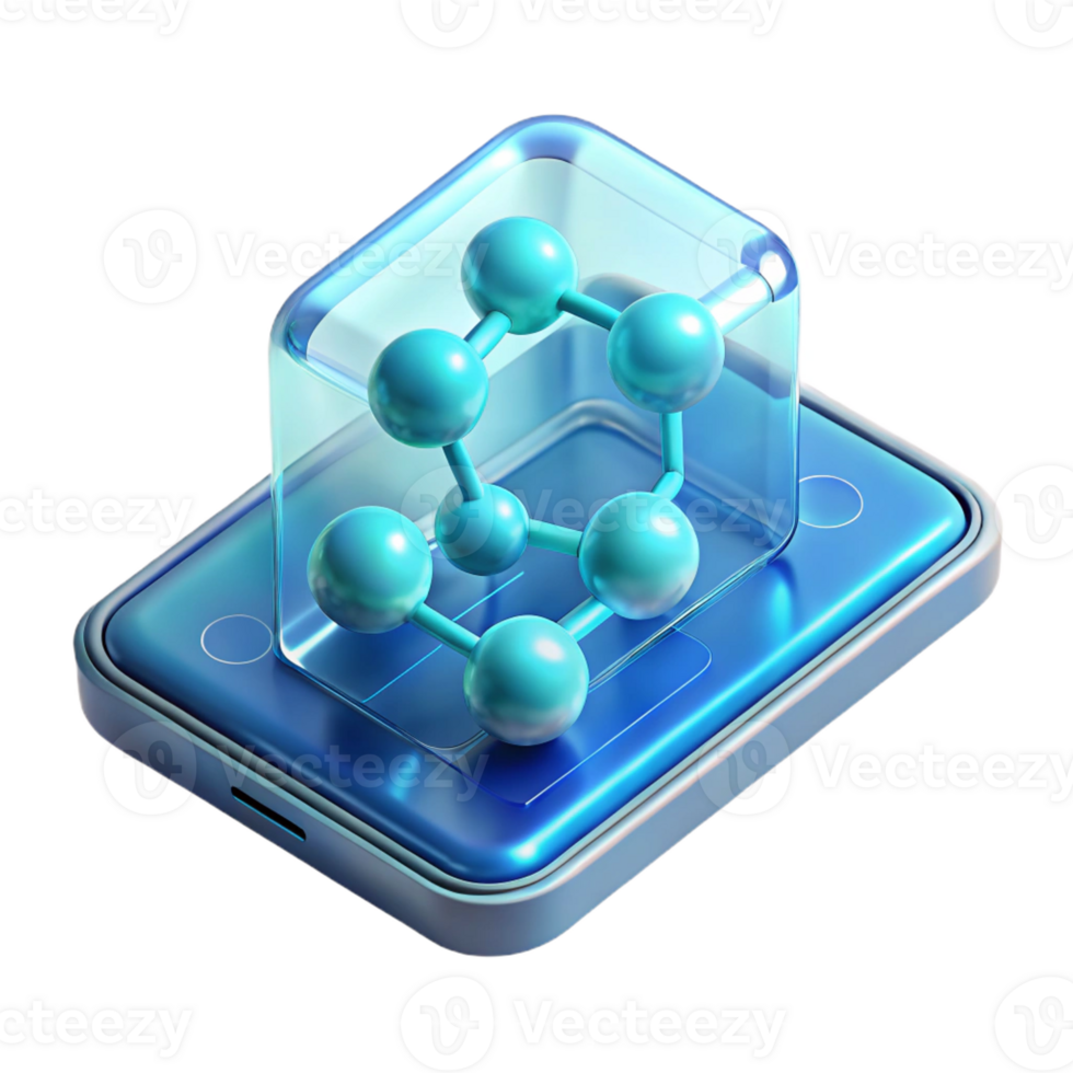 impressive creative A transparent, holographic tablet displaying a complex 3D model of a molecule, illuminated by a soft blue light, futuristic minimalist style original png