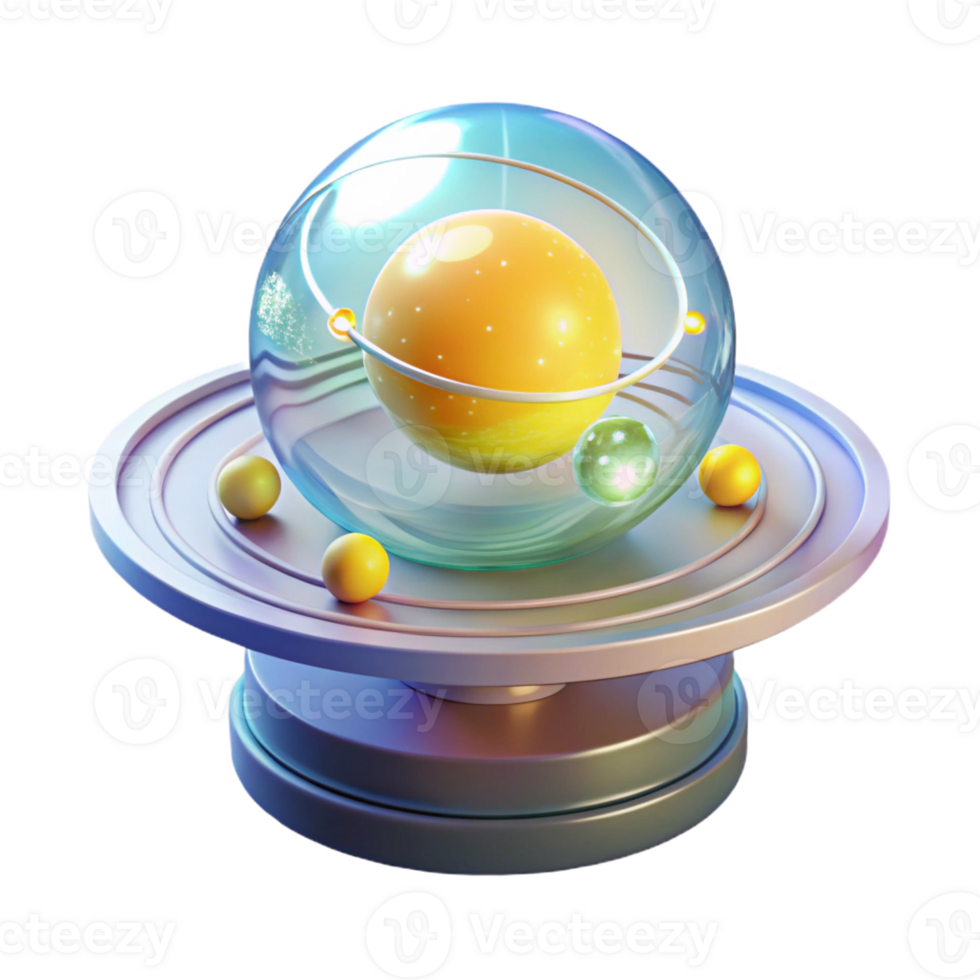 vibrant modern A transparent, holographic display showing a rotating model of the solar system, illuminated by soft yellow light, educational style professional png