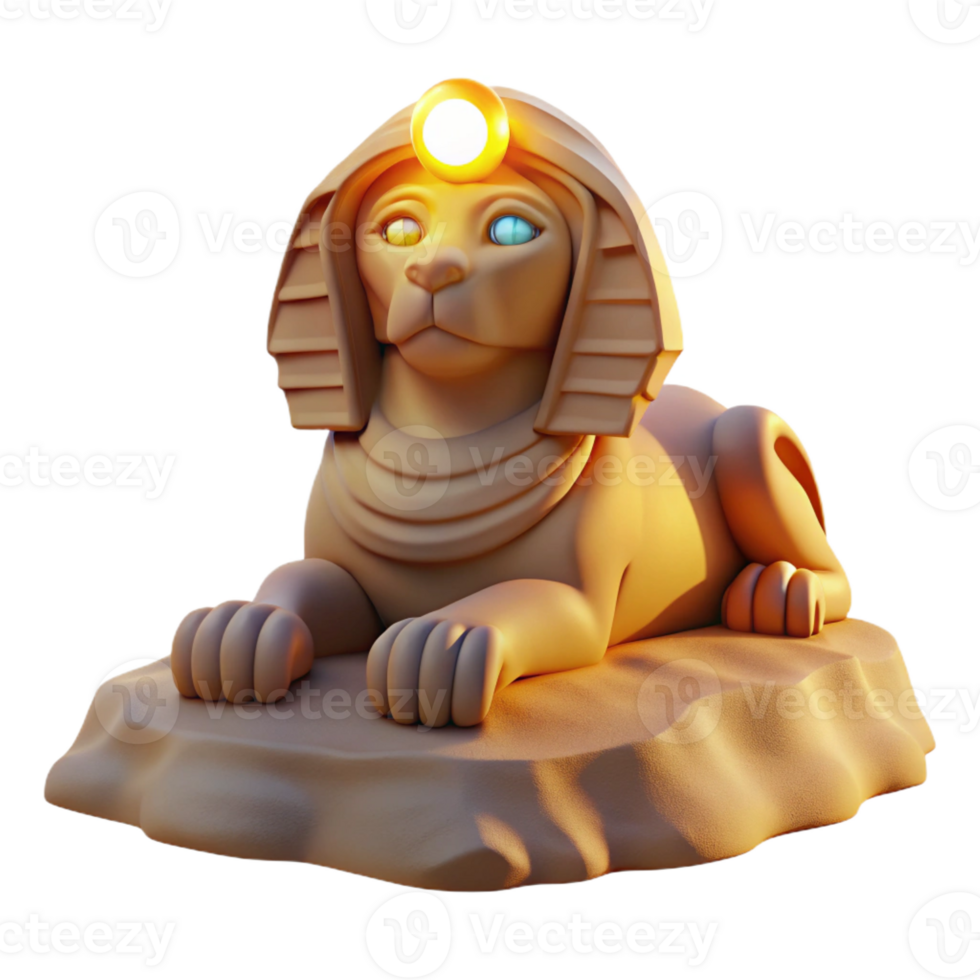 elegant artistic A mysterious sphinx with the body of a lion and the head of a human, its eyes glowing with ancient wisdom, illuminated by the warm light of the desert sun professional png