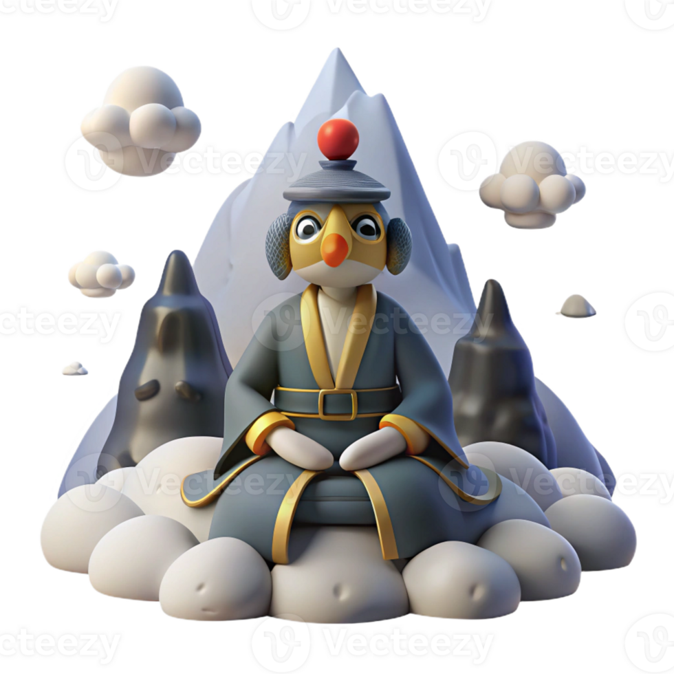 stunning modern A serene Tengu meditating on a mountaintop, misty mountain lighting, Japanese folklore style high quality png