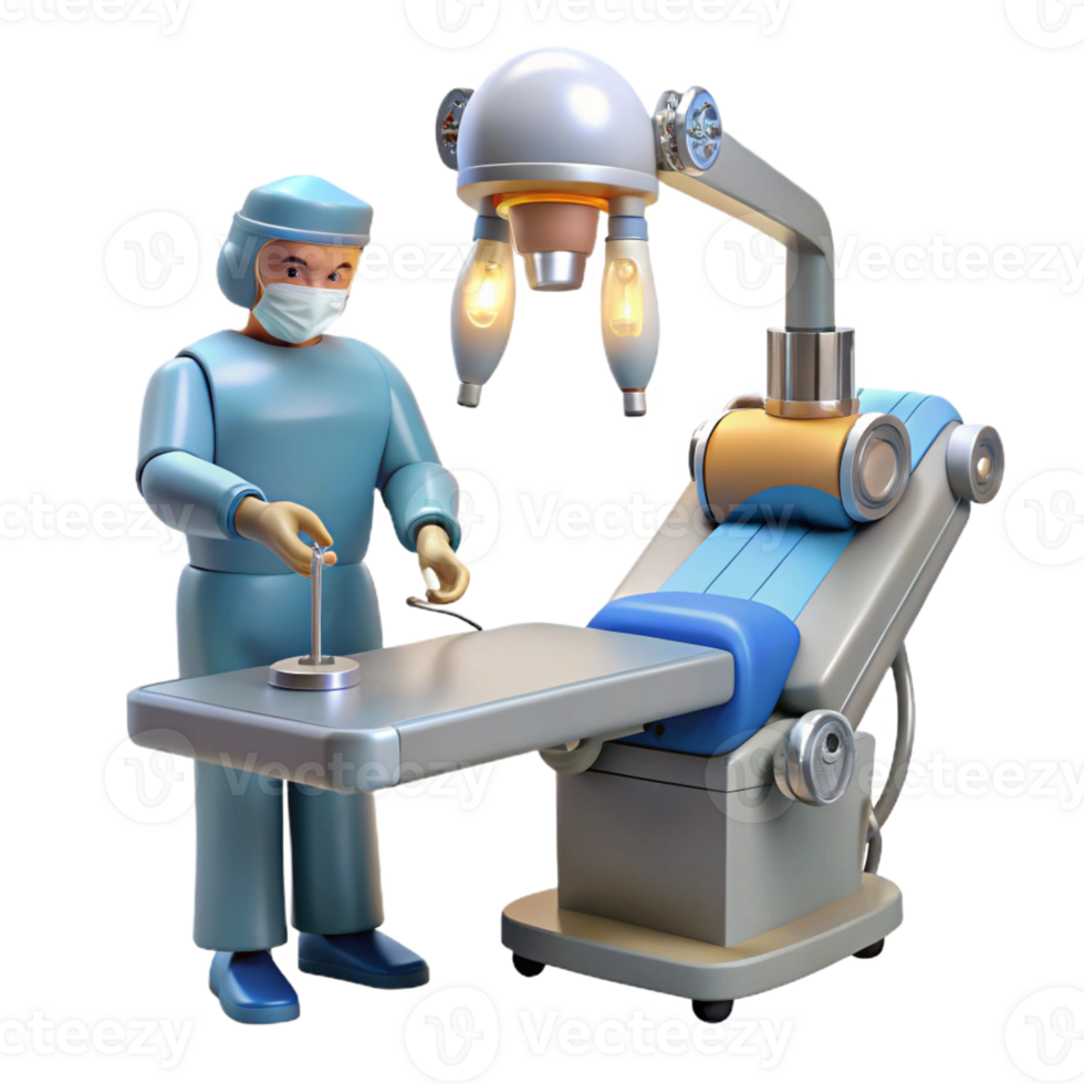 impressive minimalist A robotic surgeon performing a delicate operation, illuminated by the sterile light of an operating room, photorealistic style 4K png