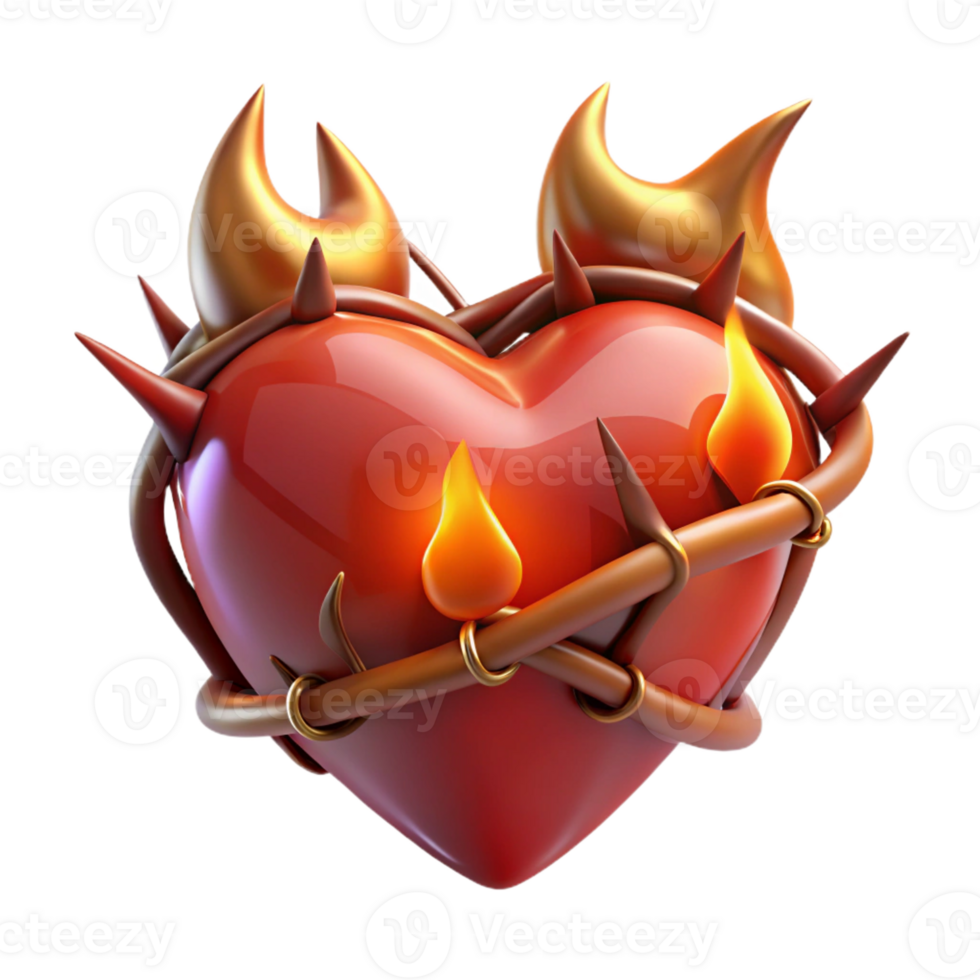dramatic abstract A stylized heart, glowing embers, thorny vines wrapped around it premium png