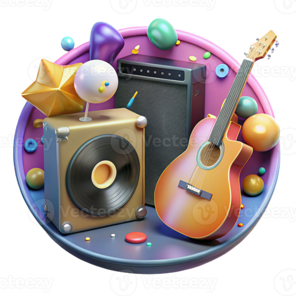 serene rustic Guitar Amplifier and Vinyl Record Transparent exclusive png