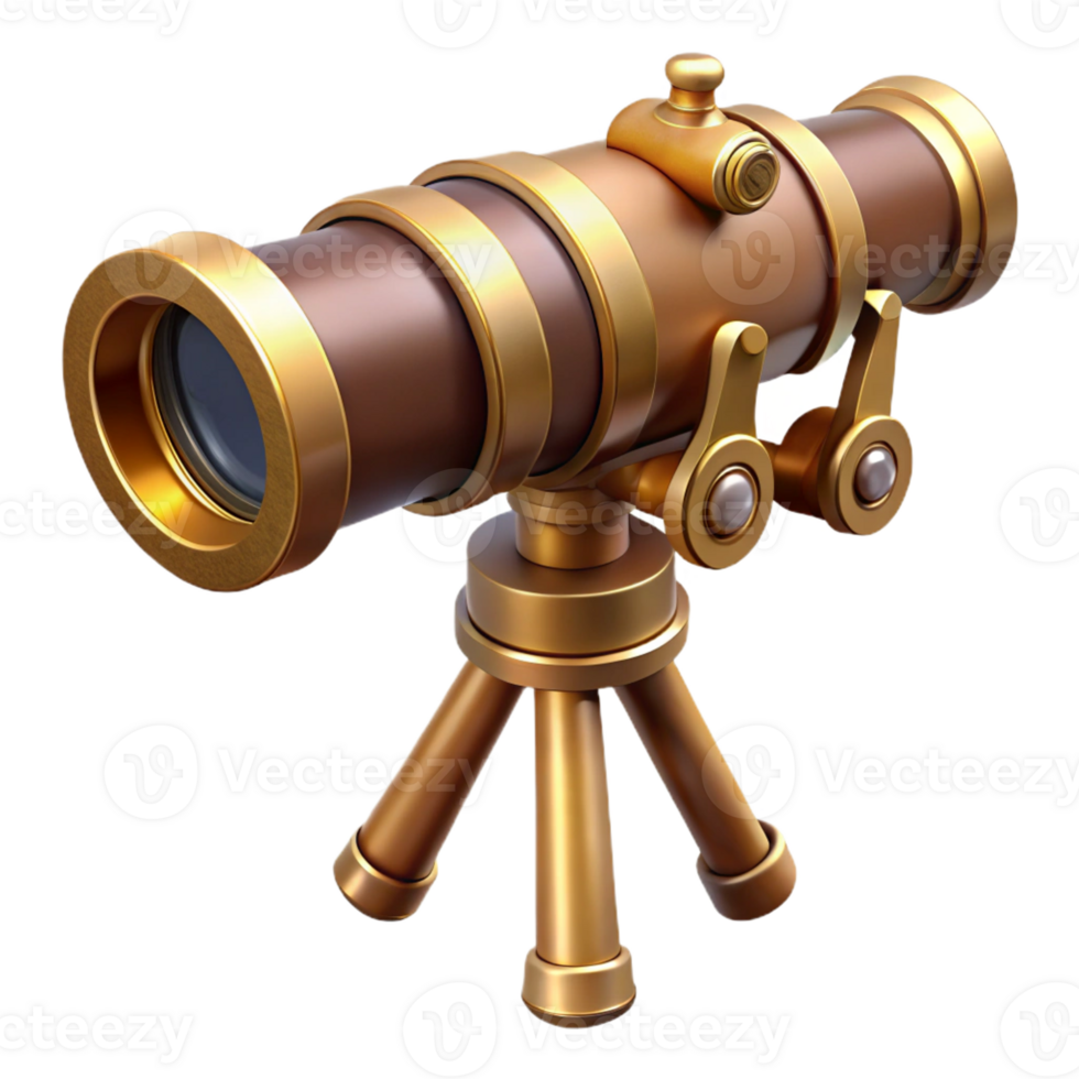 stunning abstract Steampunk telescope with brass lenses and a wooden tripod mount detailed png