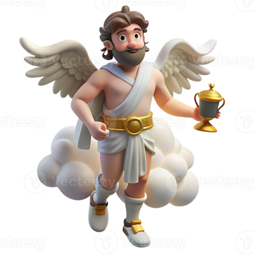 dramatic creative A mischievous Greek Hermes, the messenger god, with winged sandals and a caduceus, delivering a message amidst a swirling cloud of dust, classical Greek vase painting style premium png