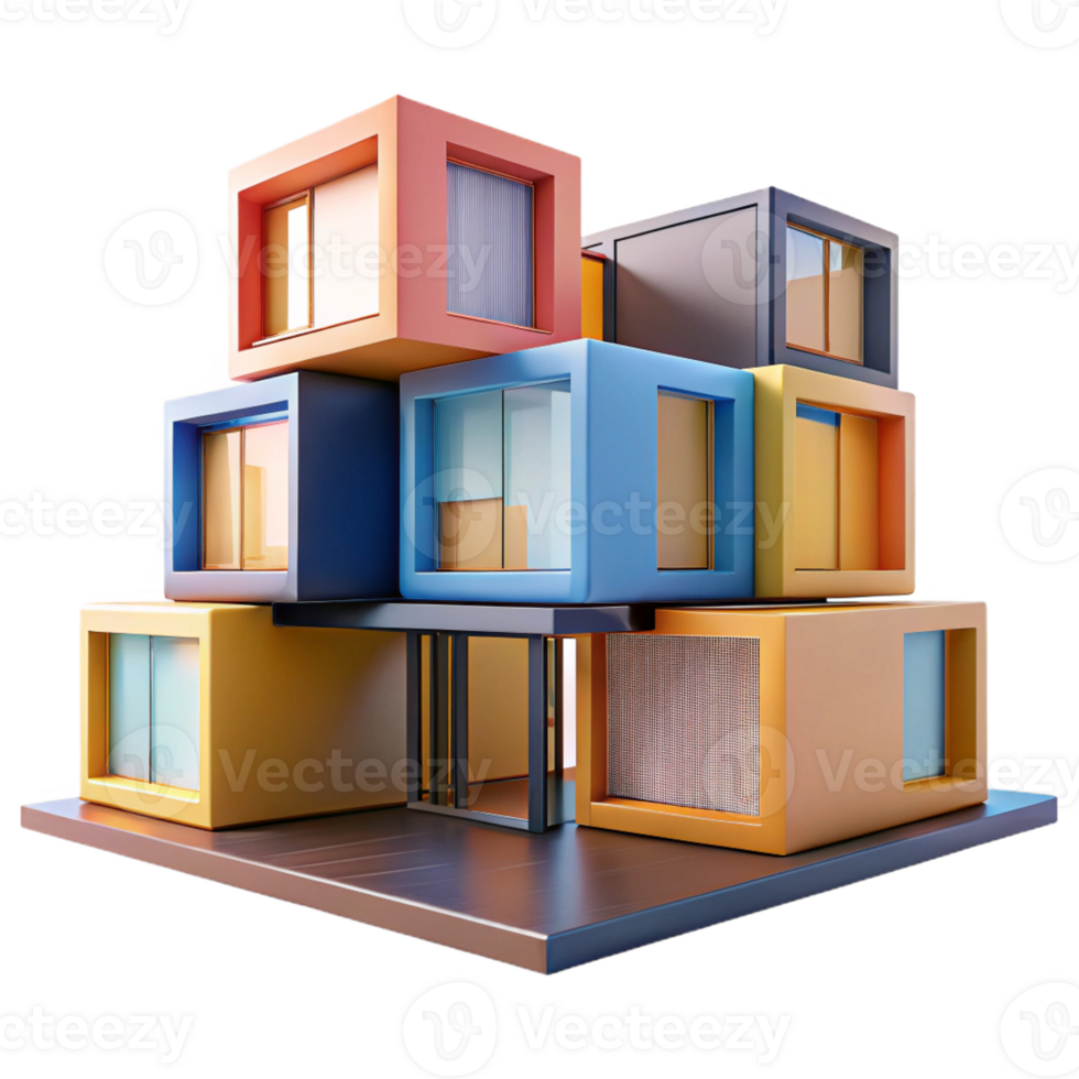vibrant creative Prefabricated modular housing units, stacked in a dynamic composition, bright and colorful, modern and minimalist, architectural visualization style, premium png