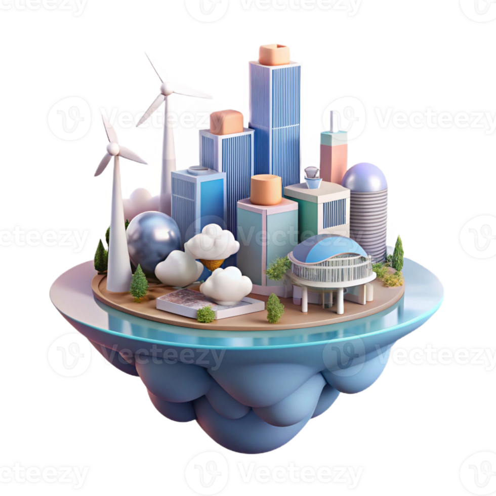 serene minimalist A futuristic city floating among the clouds, powered by wind turbines and solar panels, soft, pastel lighting, utopian style professional png