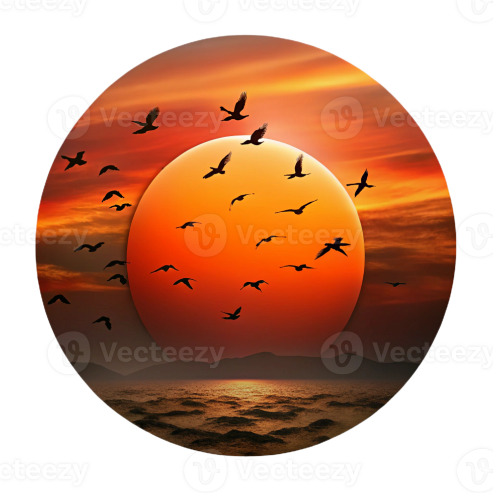 serene abstract A flock of migrating birds silhouetted against a fiery sunset sky, in a dramatic, cinematic style exclusive png