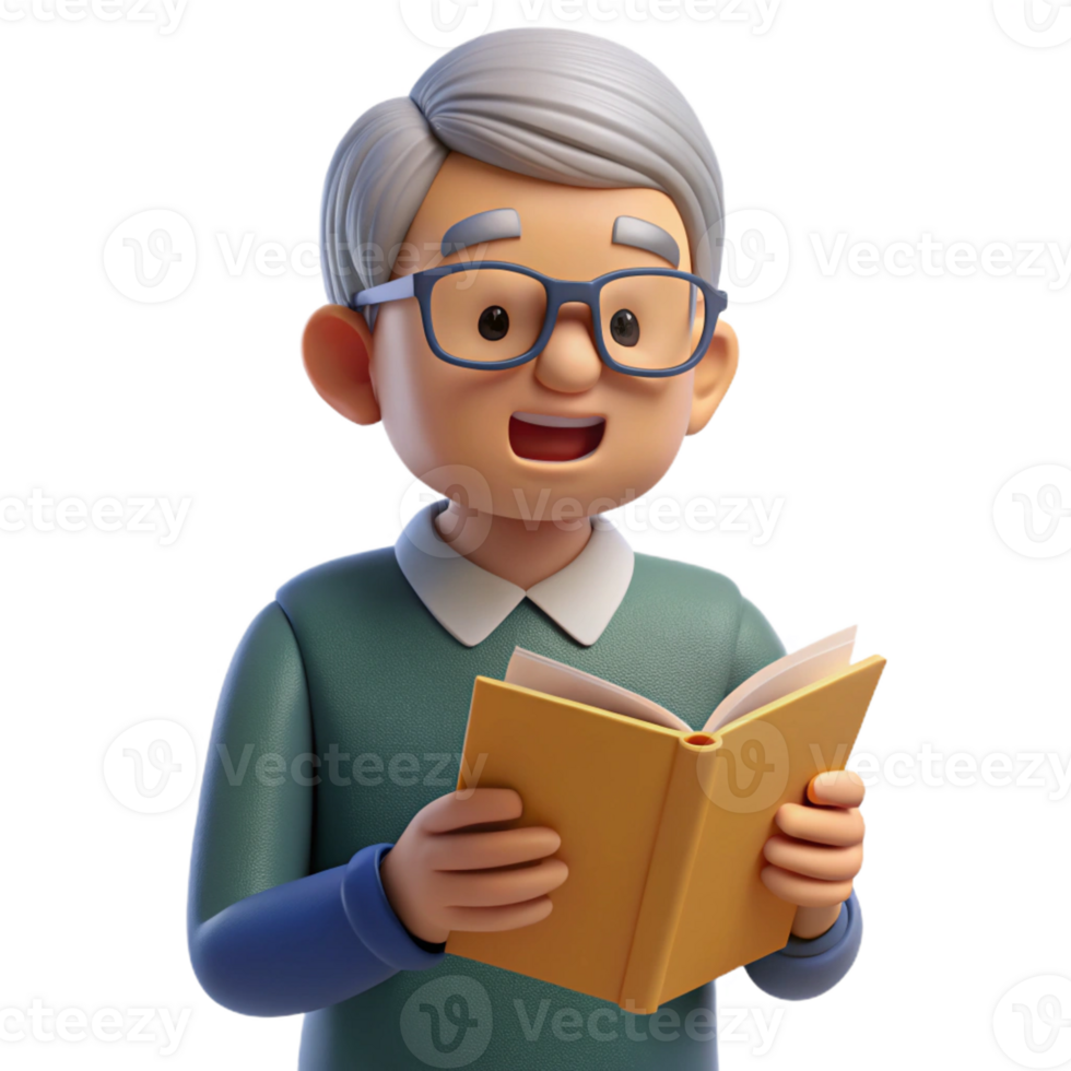 wonderful traditional Senior man with glasses reading a book, high quality png