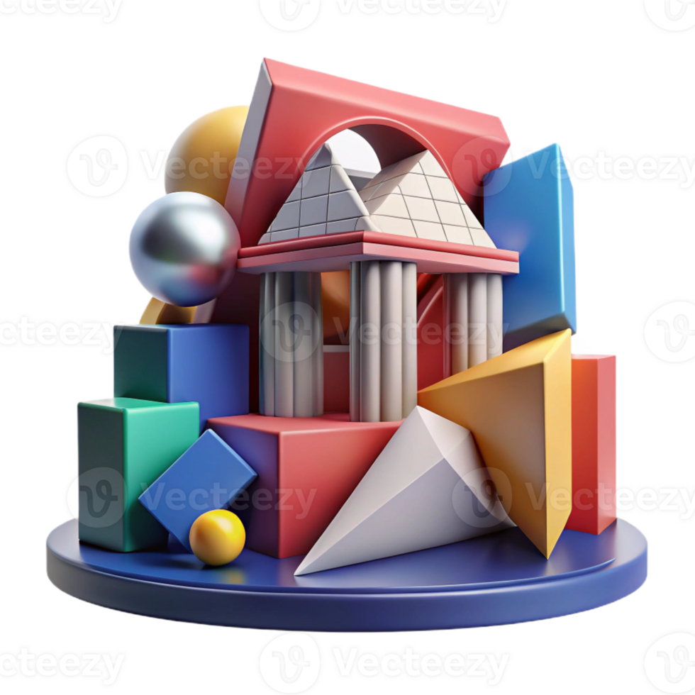 elegant traditional Deconstructivist museum, fragmented forms, bold colors, dynamic composition, abstract style, original png