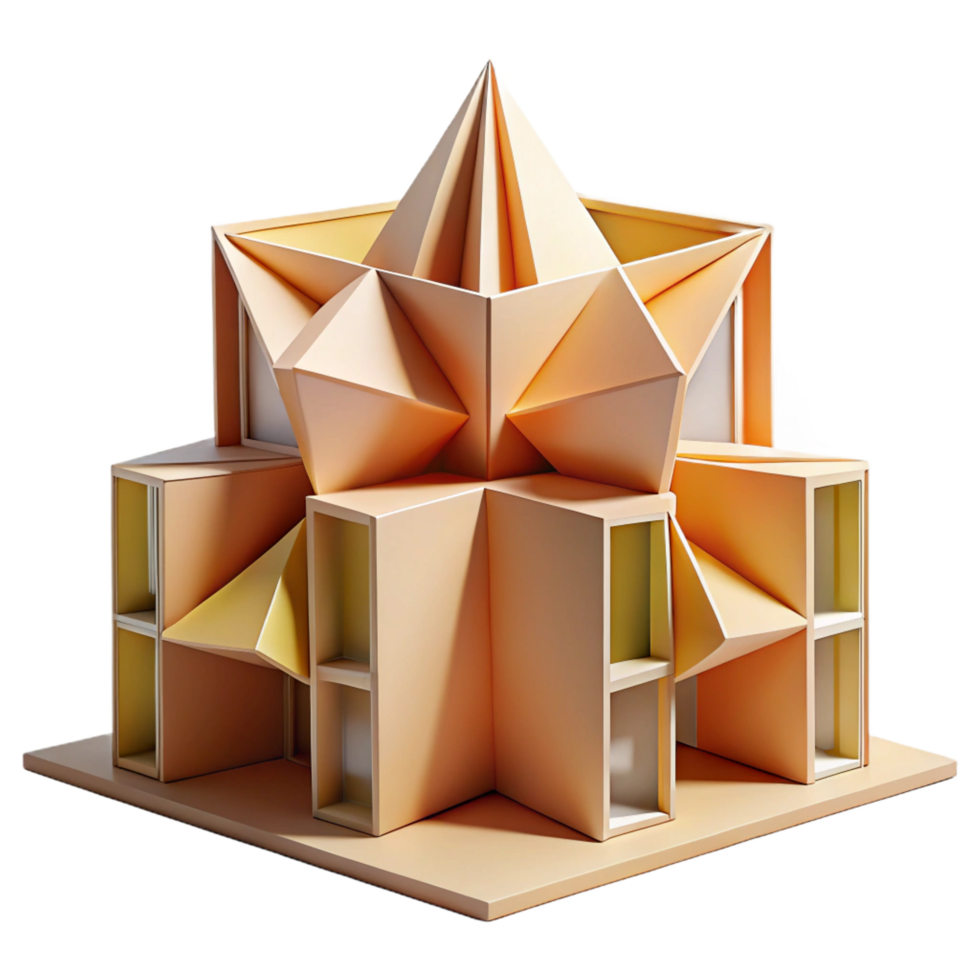wonderful modern Origami-inspired building with folded paper forms, soft natural lighting, whimsical style premium png