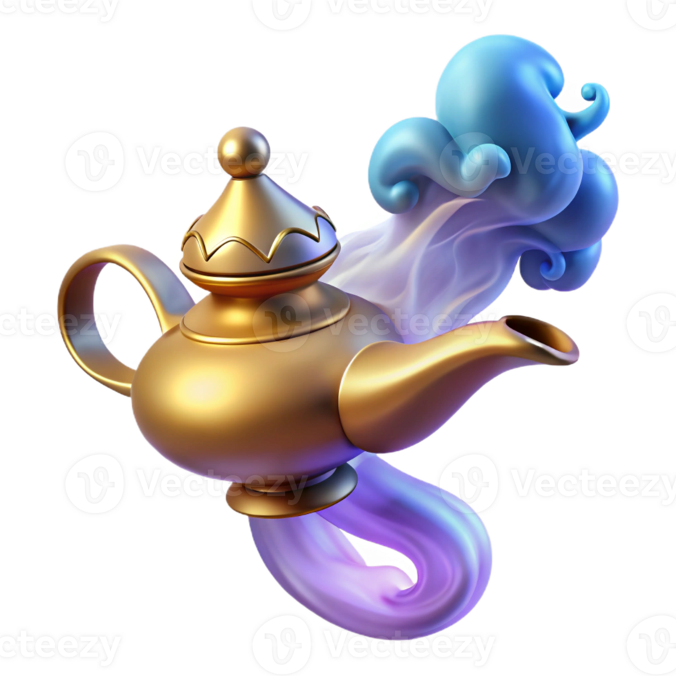 elegant artistic A powerful djinn emerging from a magic lamp, swirling smoke and light, orientalist style professional png
