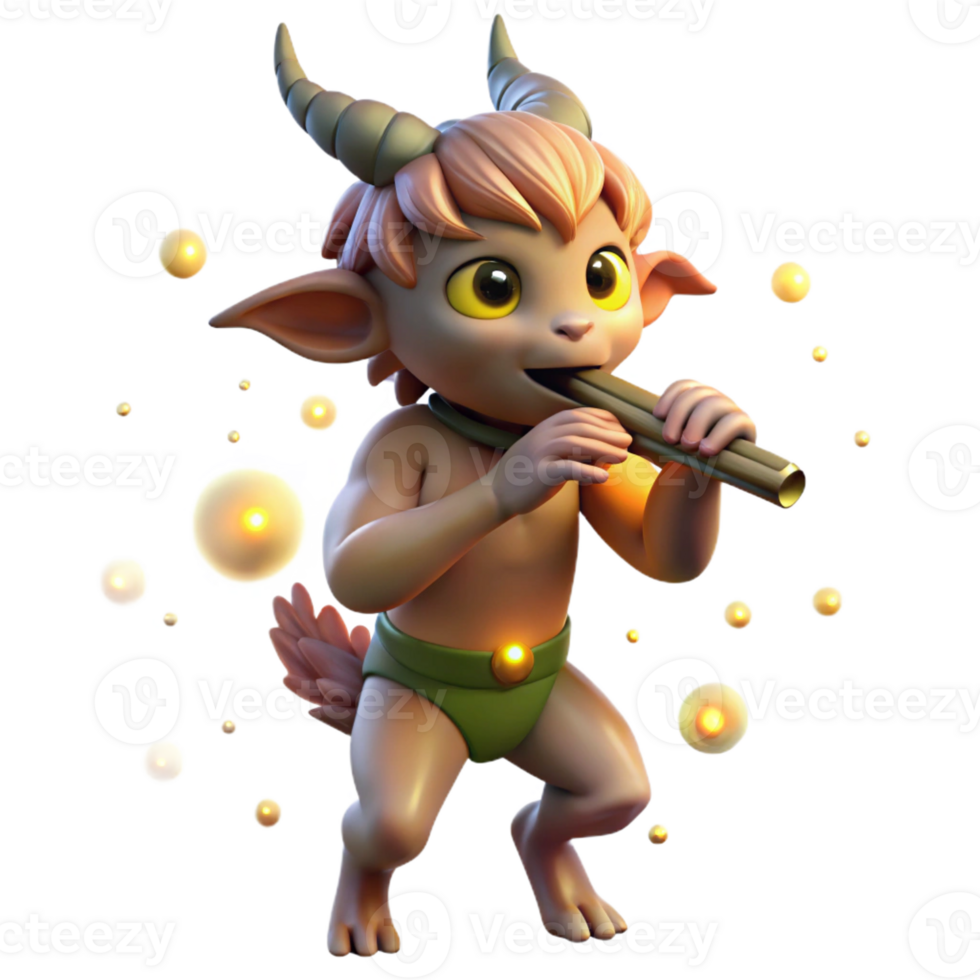 stunning classic A mischievous satyr playing a pan flute, surrounded by dancing fireflies, warm golden hour lighting, Impressionist style original png