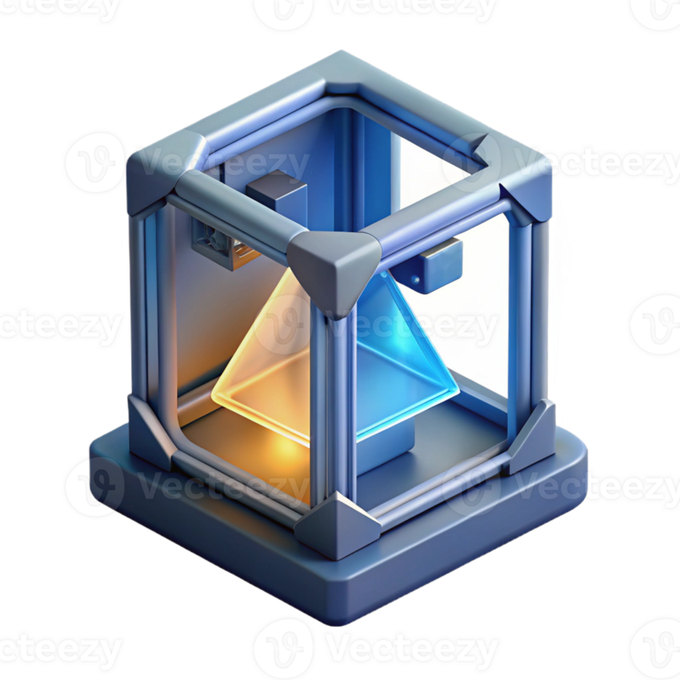 elegant contemporary A 3D printer creating a complex, geometric object, illuminated by laser light, industrial design style professional png