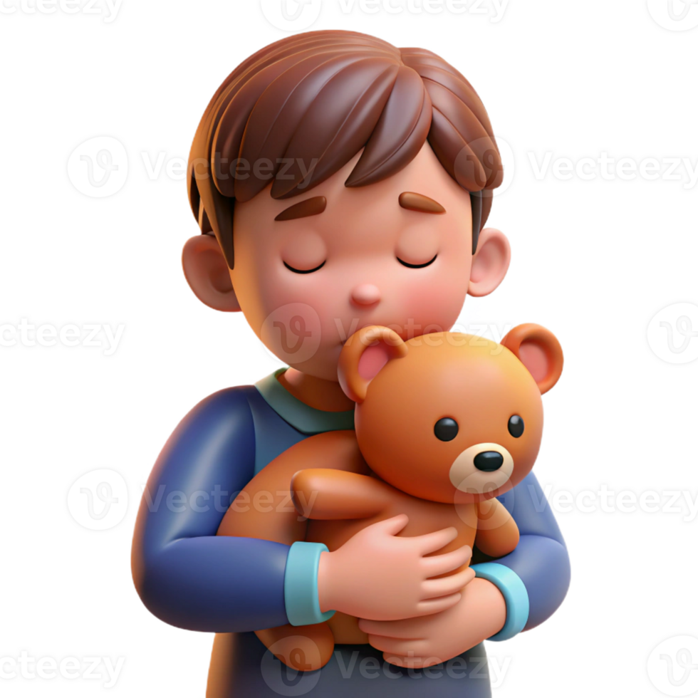 serene rustic Sad child hugging teddy bear, professional png