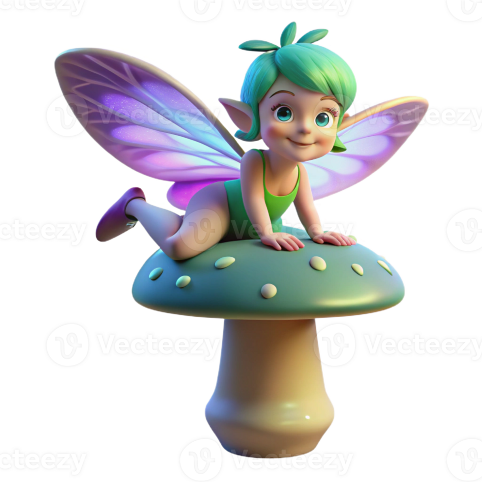 extraordinary artistic A mischievous pixie with iridescent wings, perched on a giant, bioluminescent mushroom, casting a playful, dappled light 4K png