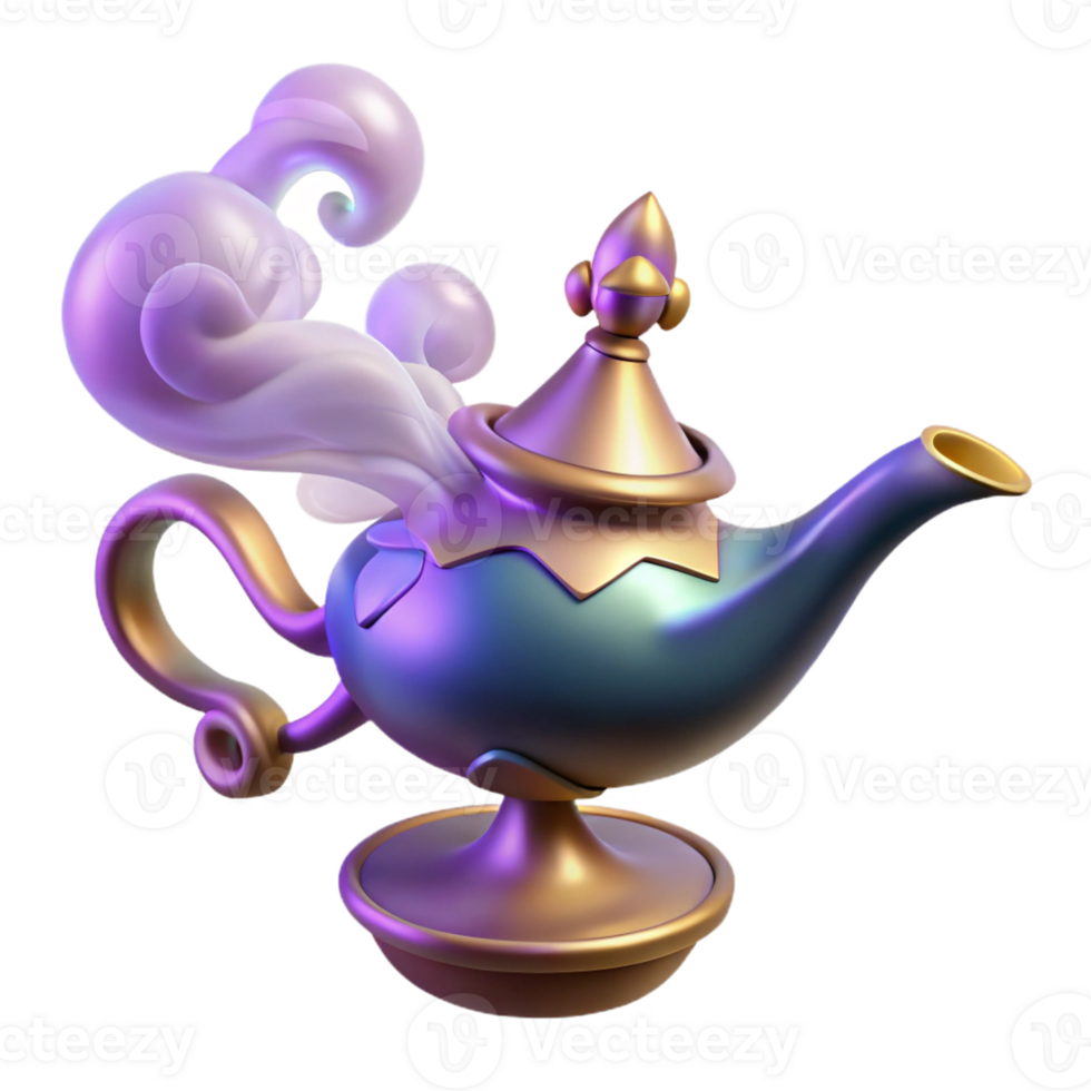 vibrant rustic A powerful djinn emerging from a magic lamp, swirling smoke and light, orientalist style detailed png