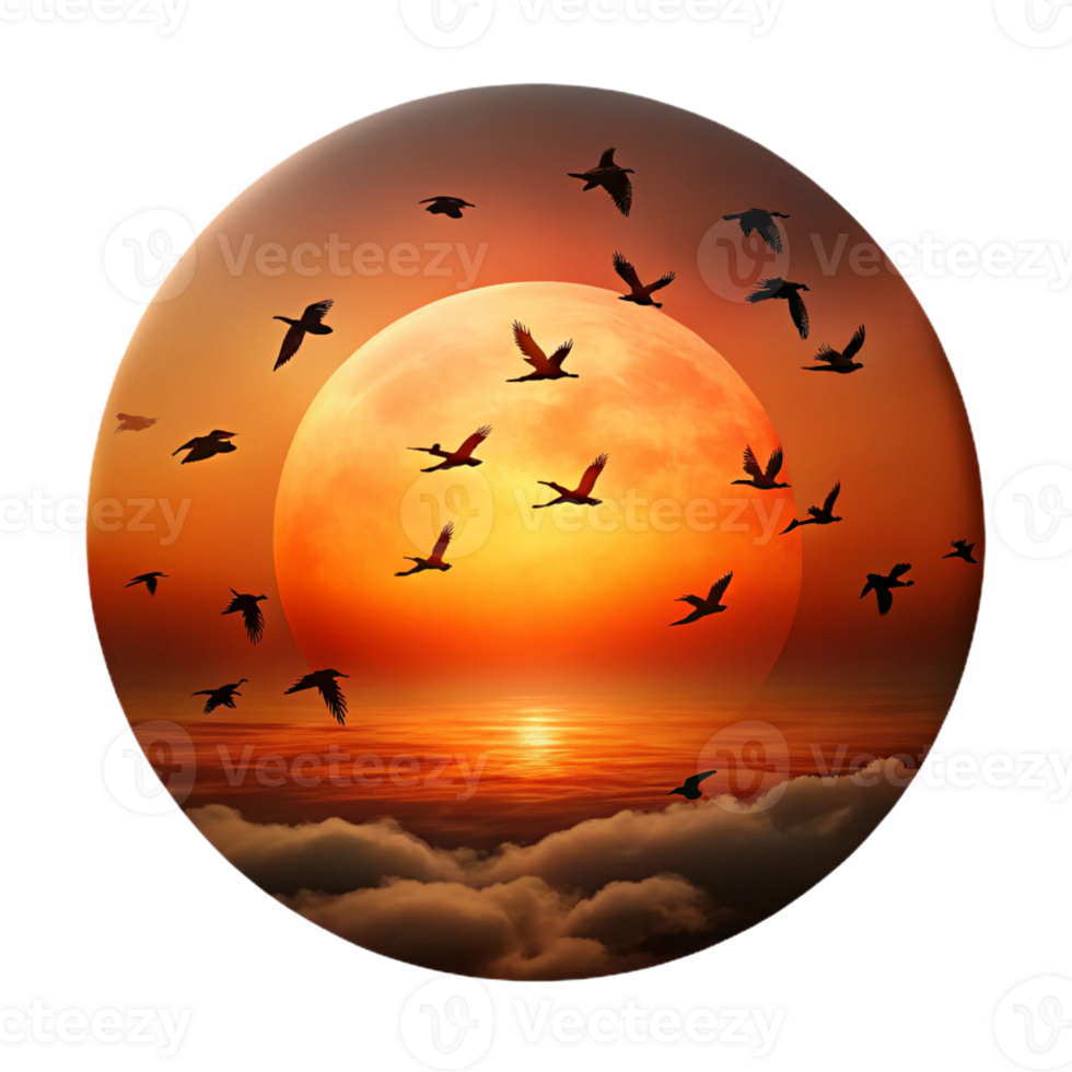 stunning classic A flock of migrating birds silhouetted against a fiery sunset sky, in a dramatic, cinematic style genuine png