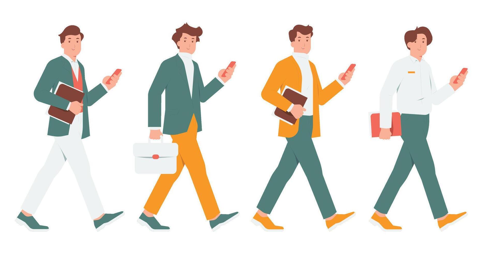 Set flat illustration of businessman walking holding briefcase, documents, and smart phones wearing formal attire clothes isolated on transparent background vector
