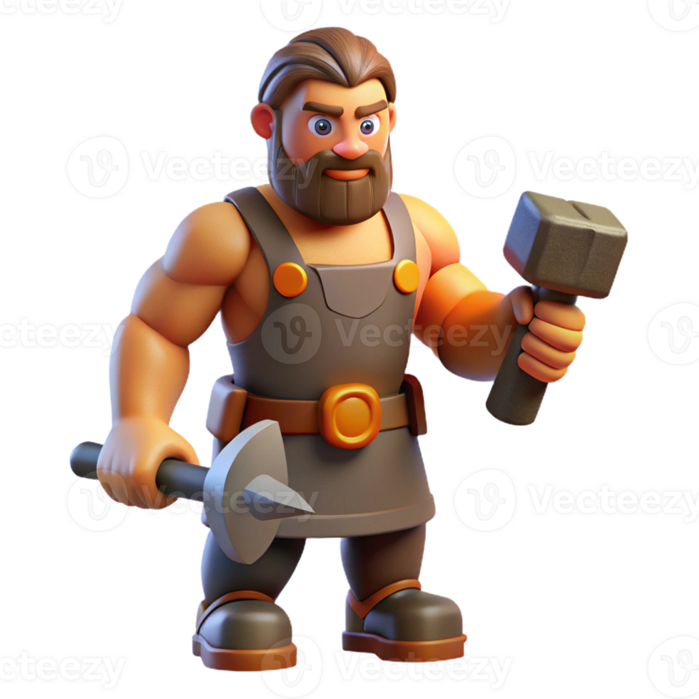 magnificent modern Hephaestus, God of the Forge, holding hammer, detailed png