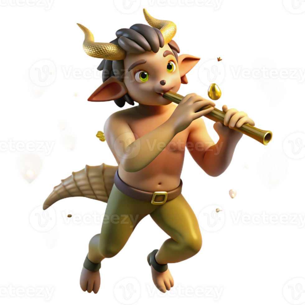 dramatic creative A mischievous satyr playing a pan flute, surrounded by dancing fireflies, warm golden hour lighting, Impressionist style high resolution png