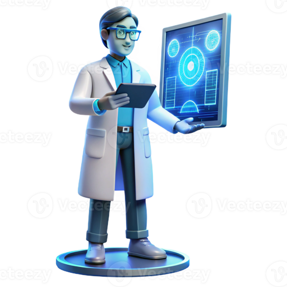 elegant modern A scientist wearing a futuristic lab coat analyzing data on a holographic display, illuminated by cool blue light, scientific illustration style authentic png