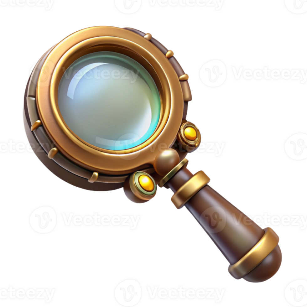 serene minimalist Steampunk magnifying glass with a brass handle and ornate detailing original png