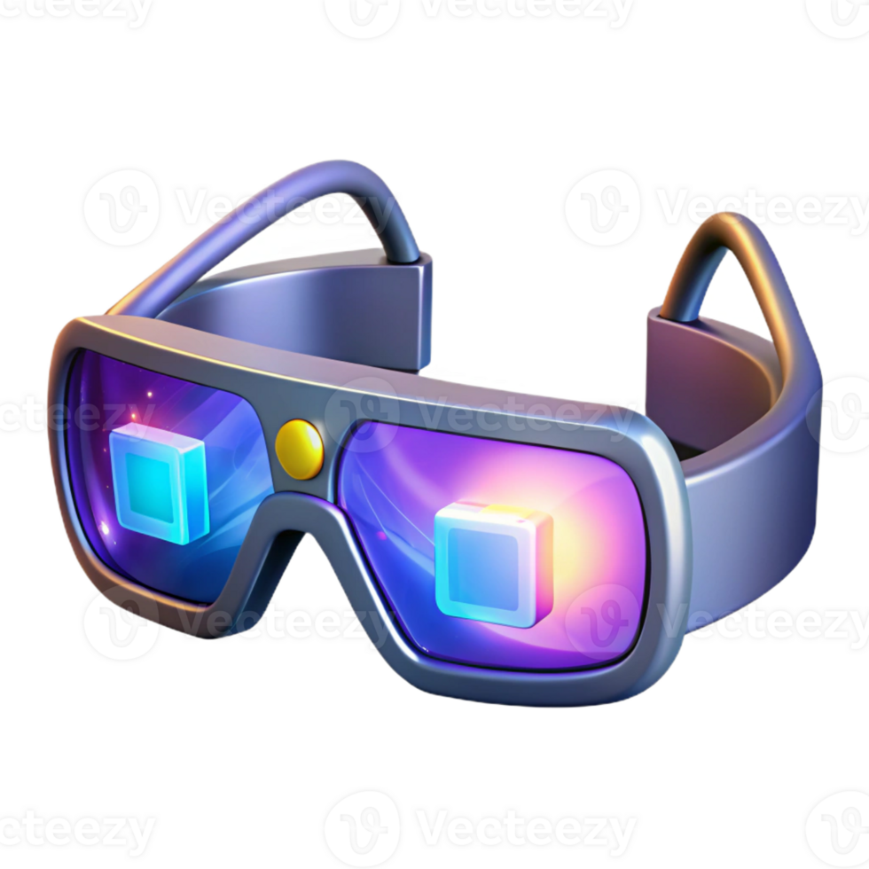 stunning modern A pair of augmented reality glasses displaying interactive holographic information, illuminated by the ambient light of a busy street, realistic style original png