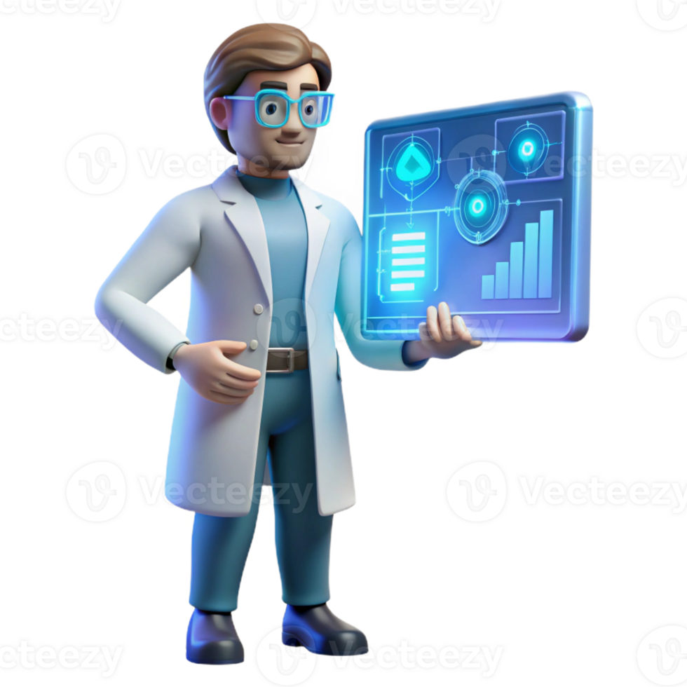 dramatic artistic A scientist wearing a futuristic lab coat analyzing data on a holographic display, illuminated by cool blue light, scientific illustration style high resolution png