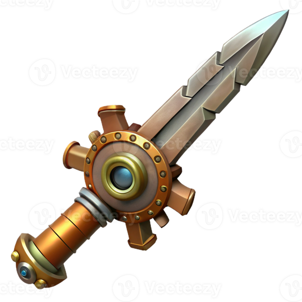 magnificent abstract Steampunk sword with a gear-studded hilt and a serrated blade exclusive png