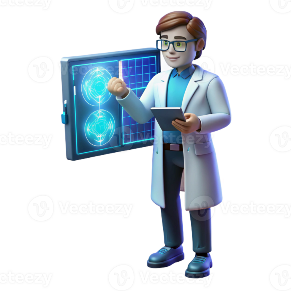 vibrant rustic A scientist wearing a futuristic lab coat analyzing data on a holographic display, illuminated by cool blue light, scientific illustration style exclusive png