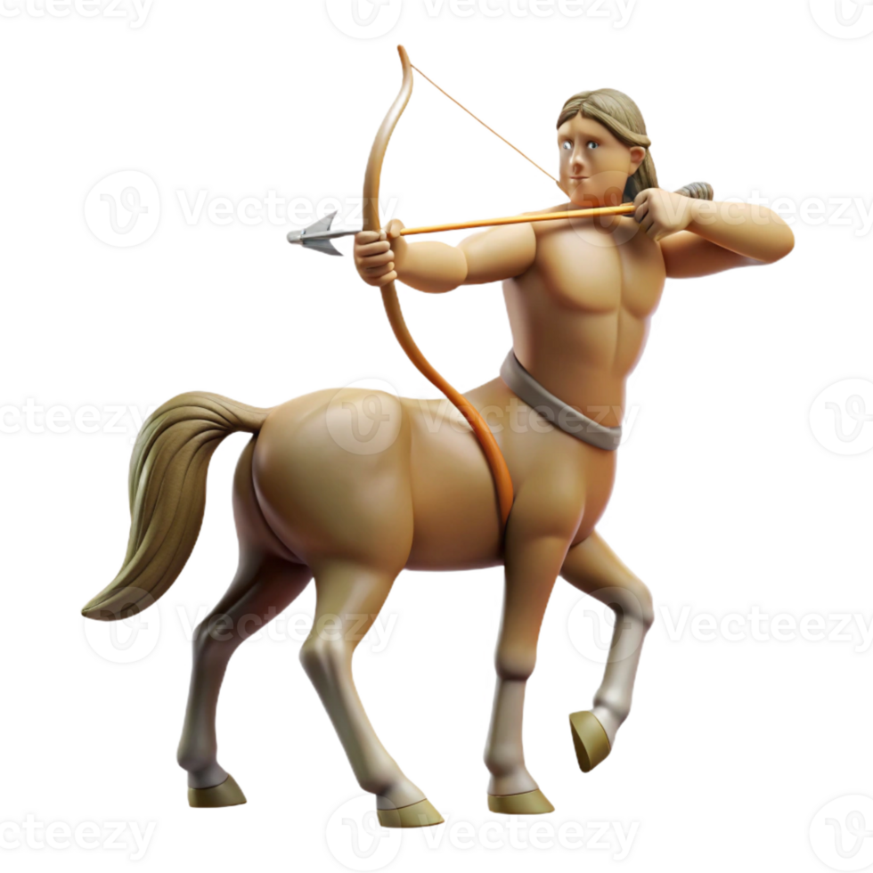 impressive artistic A solitary centaur with the upper body of a human and the lower body of a horse, aiming a bow and arrow, illuminated by the dappled sunlight of a forest genuine png