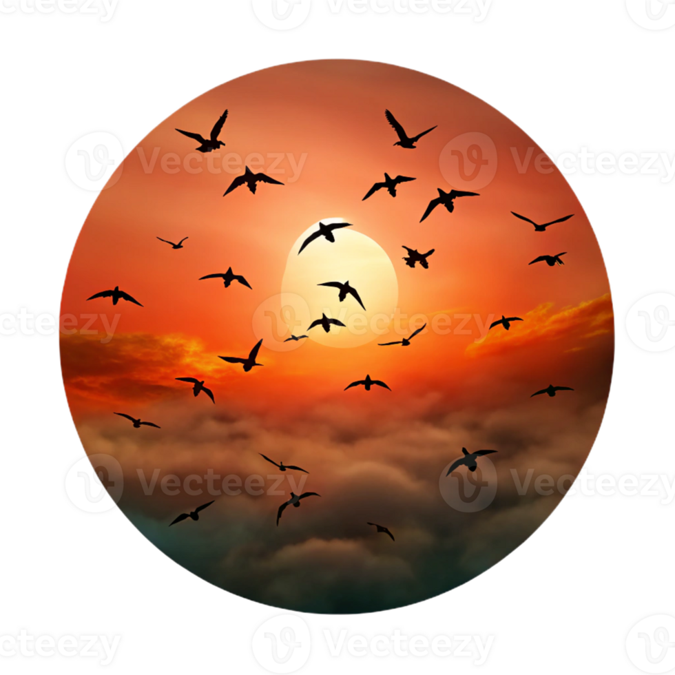 serene creative A flock of migrating birds silhouetted against a fiery sunset sky, in a dramatic, cinematic style authentic png